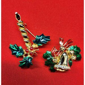 Christmas Pins/ Brooch Set of 2 Christmas Holly Berry marked "AK" & Holly Leaf B